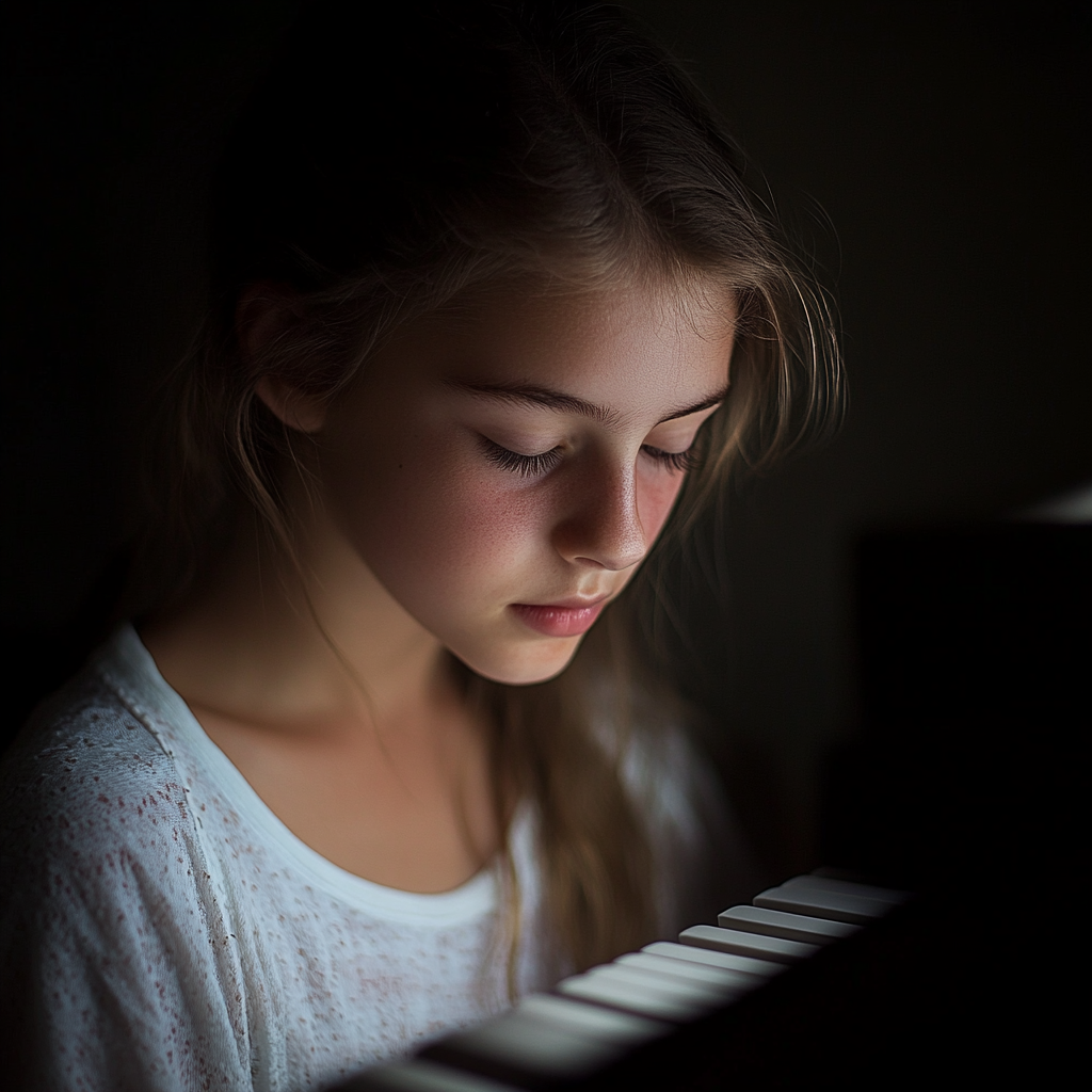 A sad girl looking at her piano | Source: Midjourney