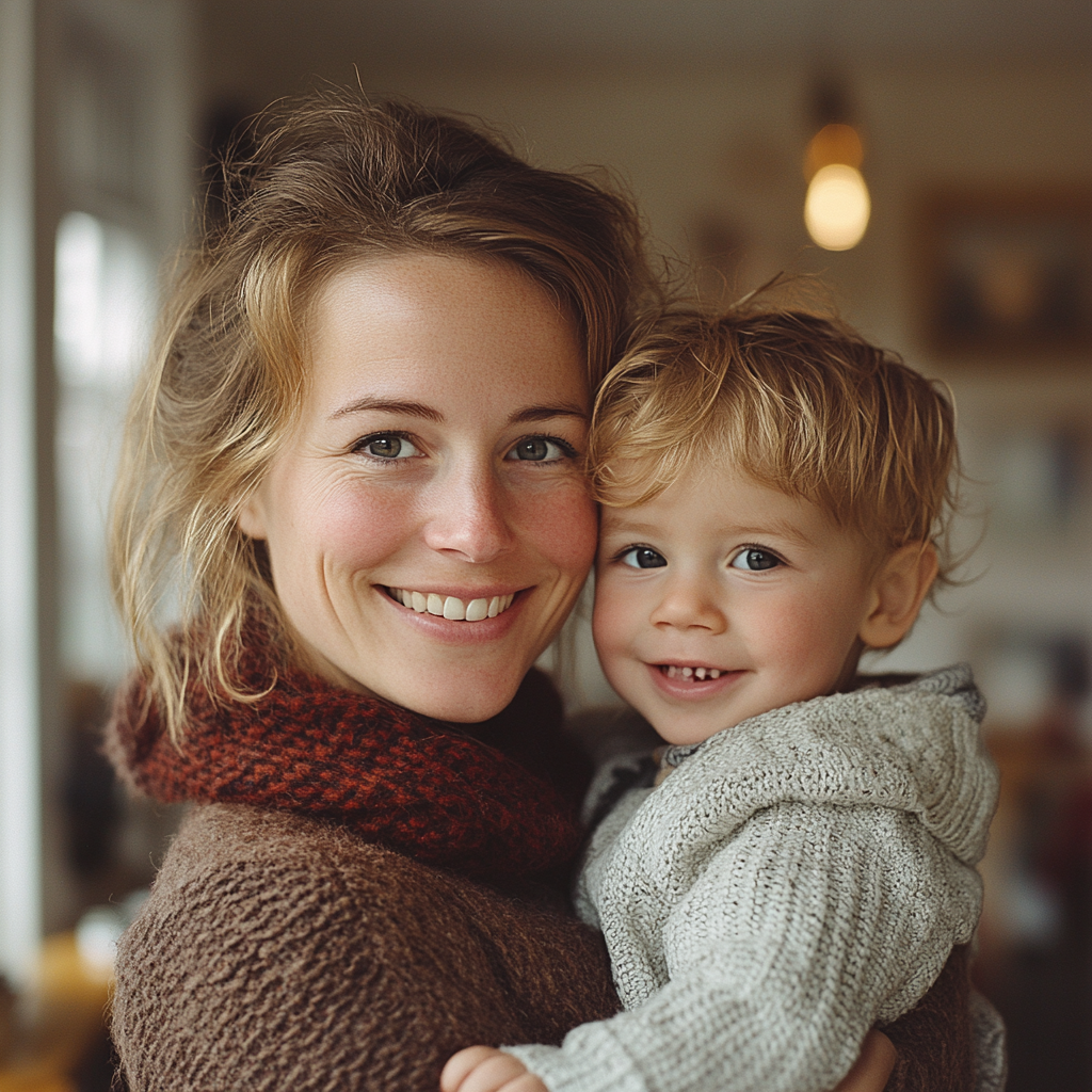 A happy woman holding a child | Source: Midjourney