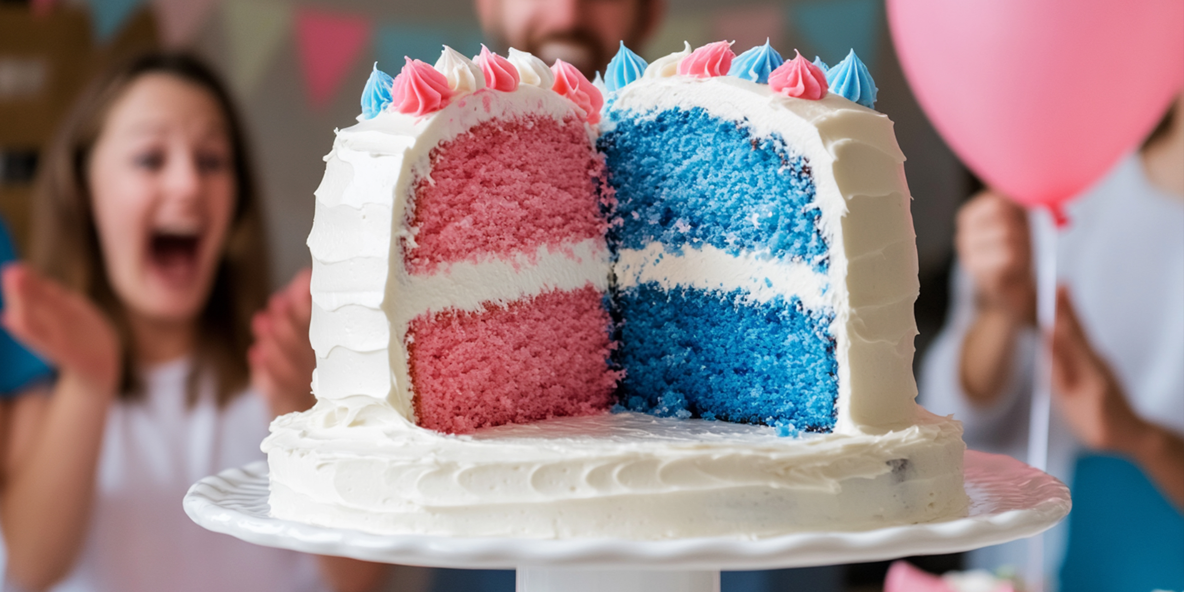 Beautifully decorated gender party cake with a pink&blue interior | Source: Midjourney