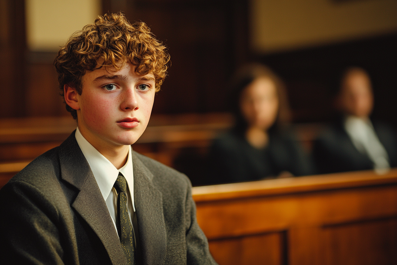 A worried young man in a courtroom | Source: Midjourney