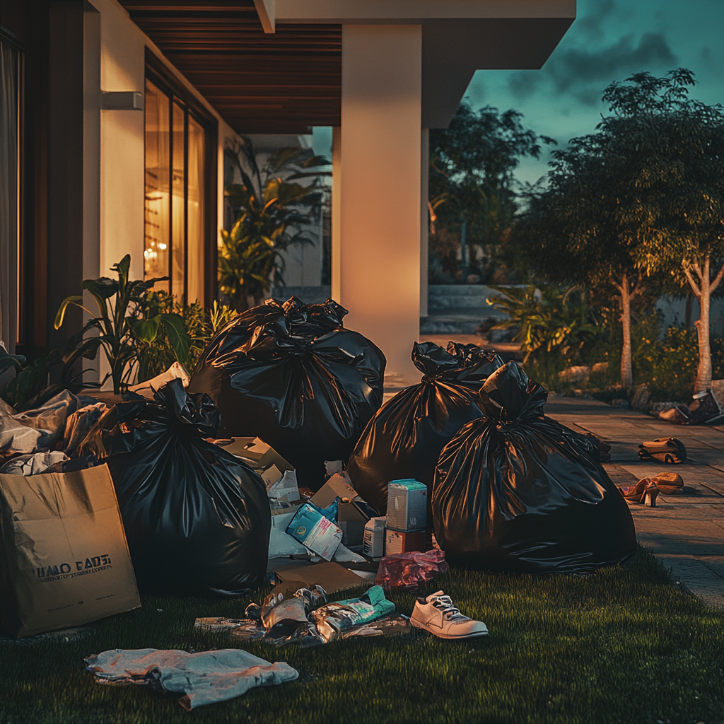 Pertenencias de una persona desechadas en bolsas de basura afuera de una casa | Fuente: Midjourney