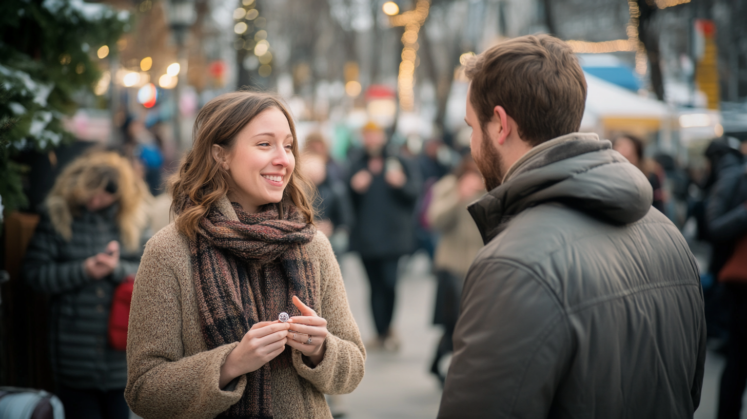 A woman smiling in front of a man | Source: Midjourney