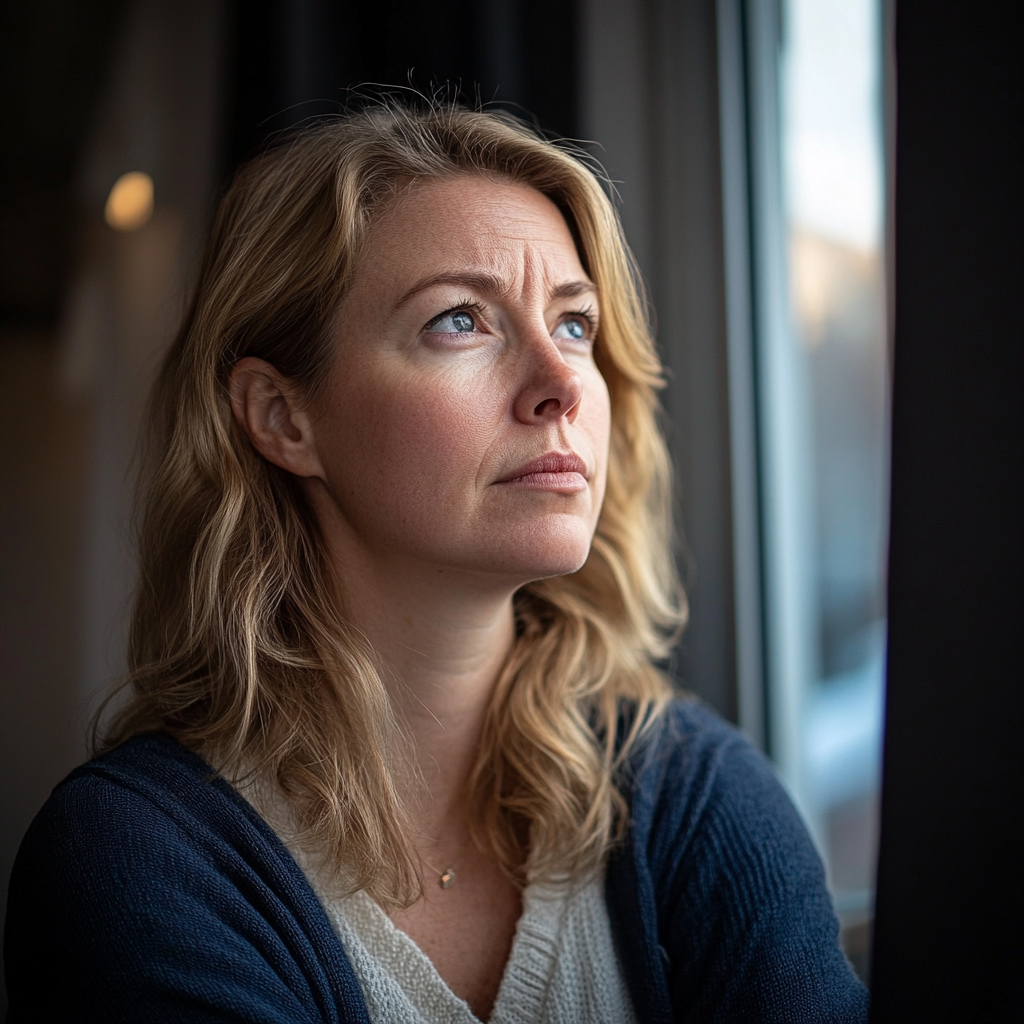 A woman looks thoughtful while sitting in her room and looking out the window | Source: Midjourney