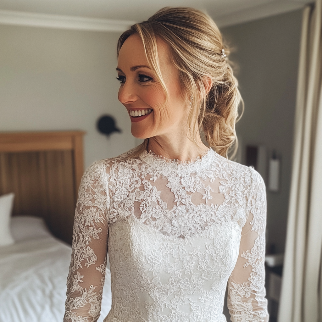 A smiling woman in a wedding dress | Source: Midjourney