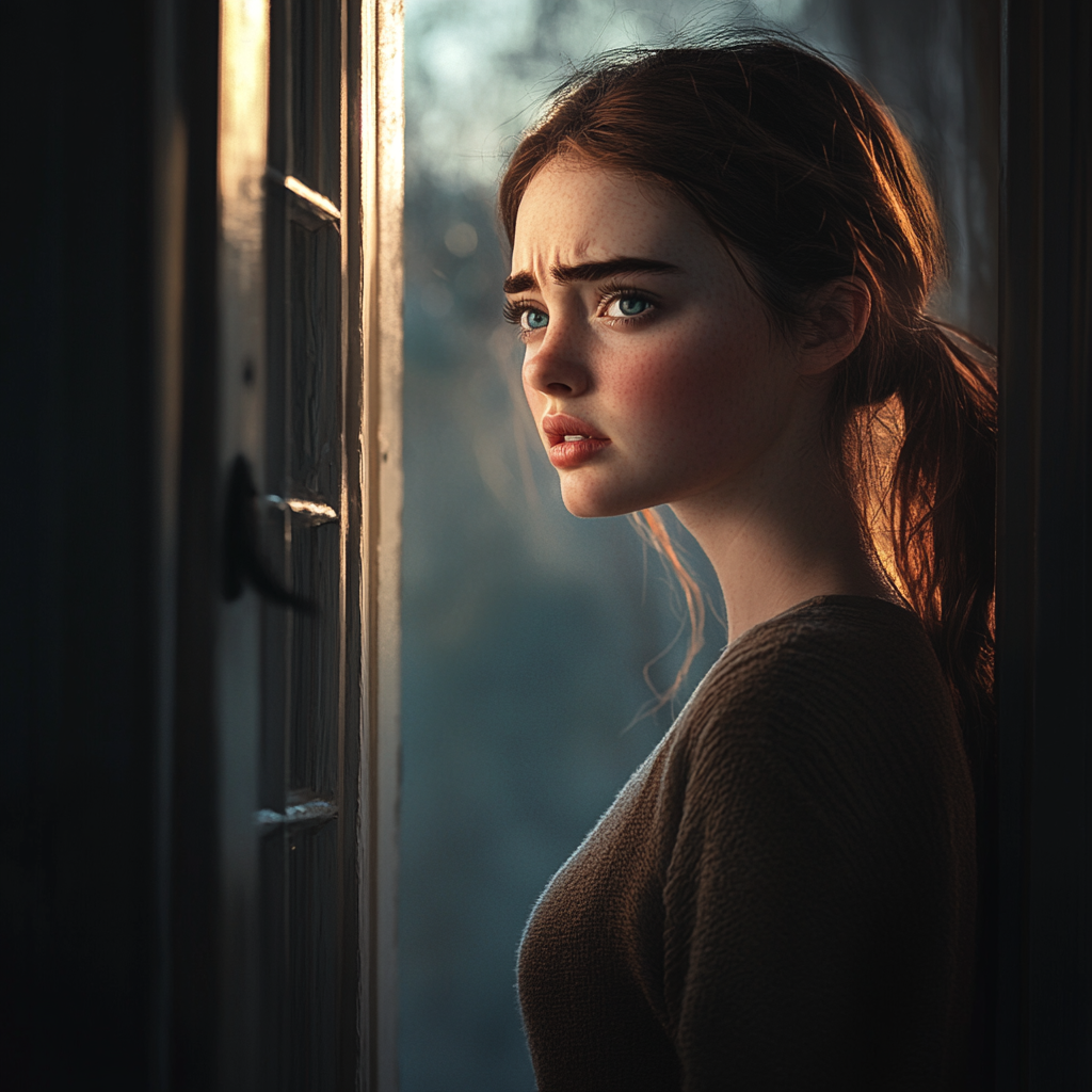 A heartbroken woman at the doorway | Source: Midjourney