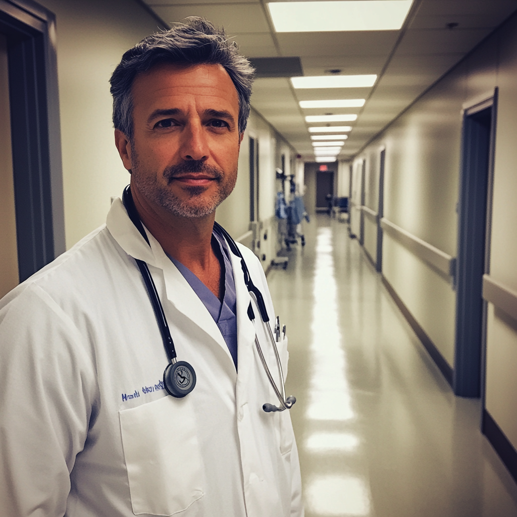 A doctor standing in a hallway | Source: Midjourney