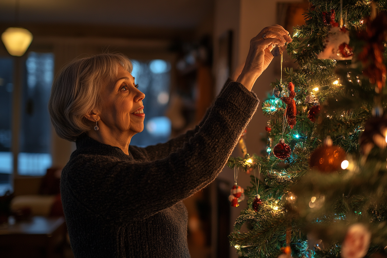 A woman decorating a Christmas tree | Source: Midjourney