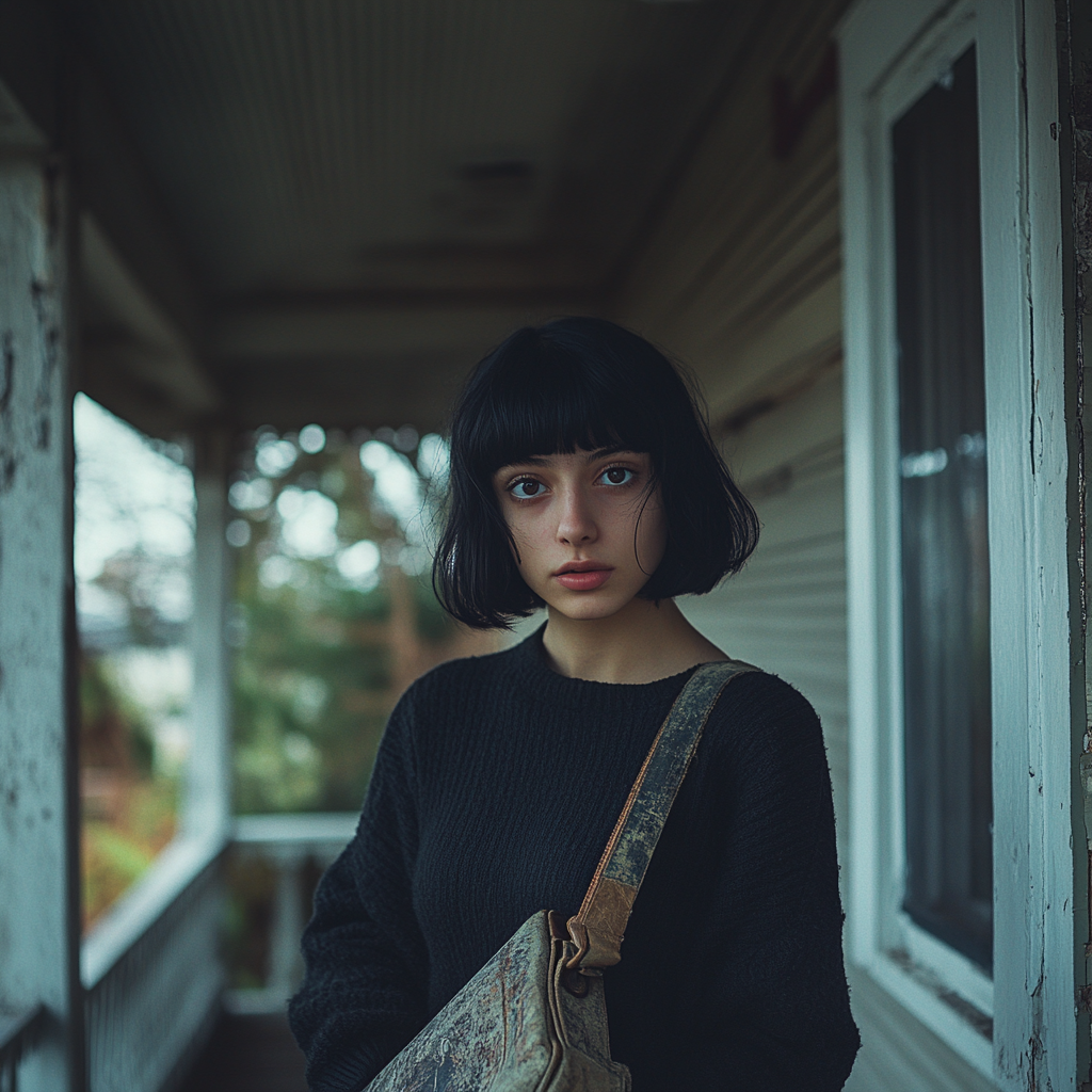 A woman standing on an old porch | Source: Midjourney