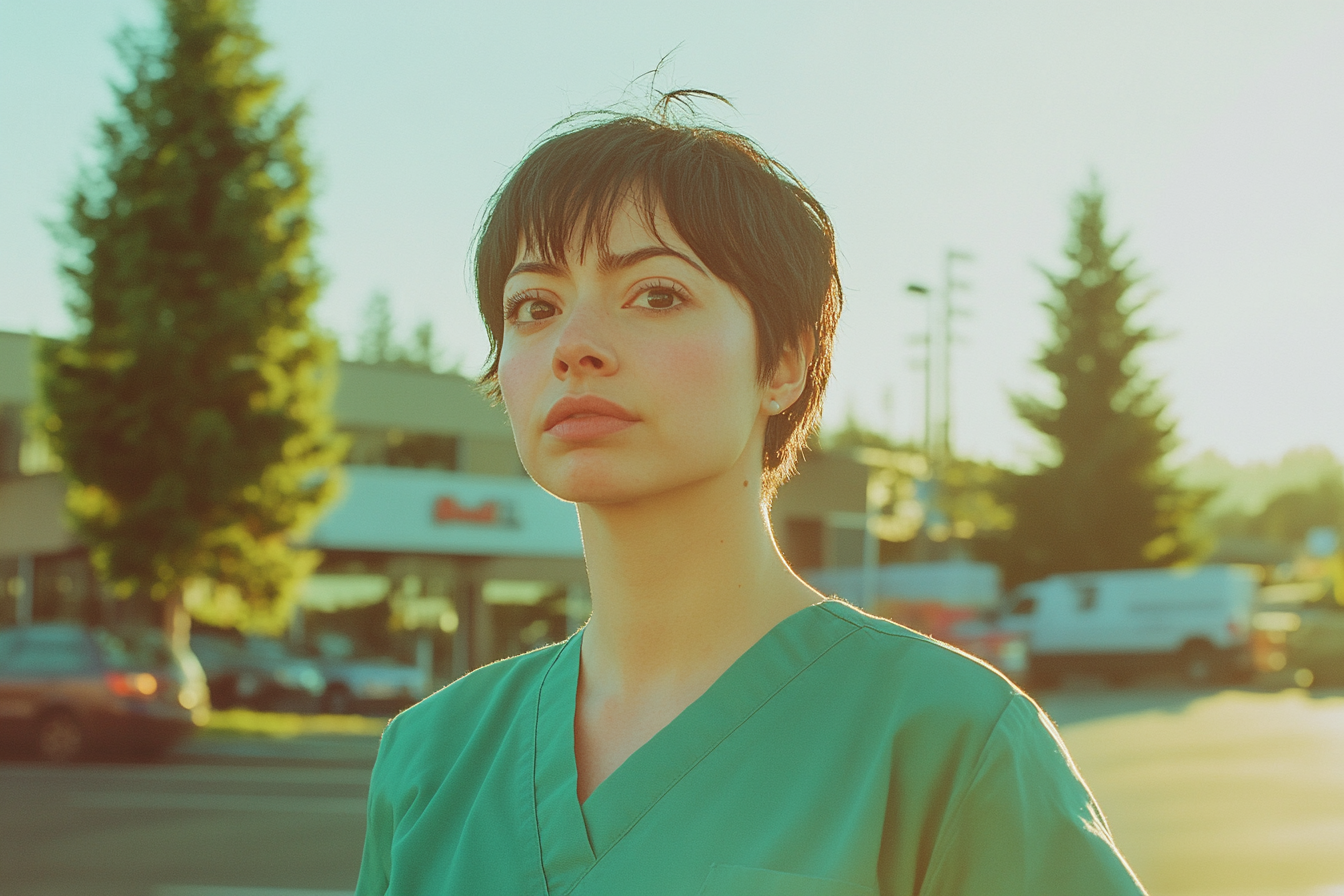 A woman standing in a grocery store parking lot, frowning | Source: Midjourney