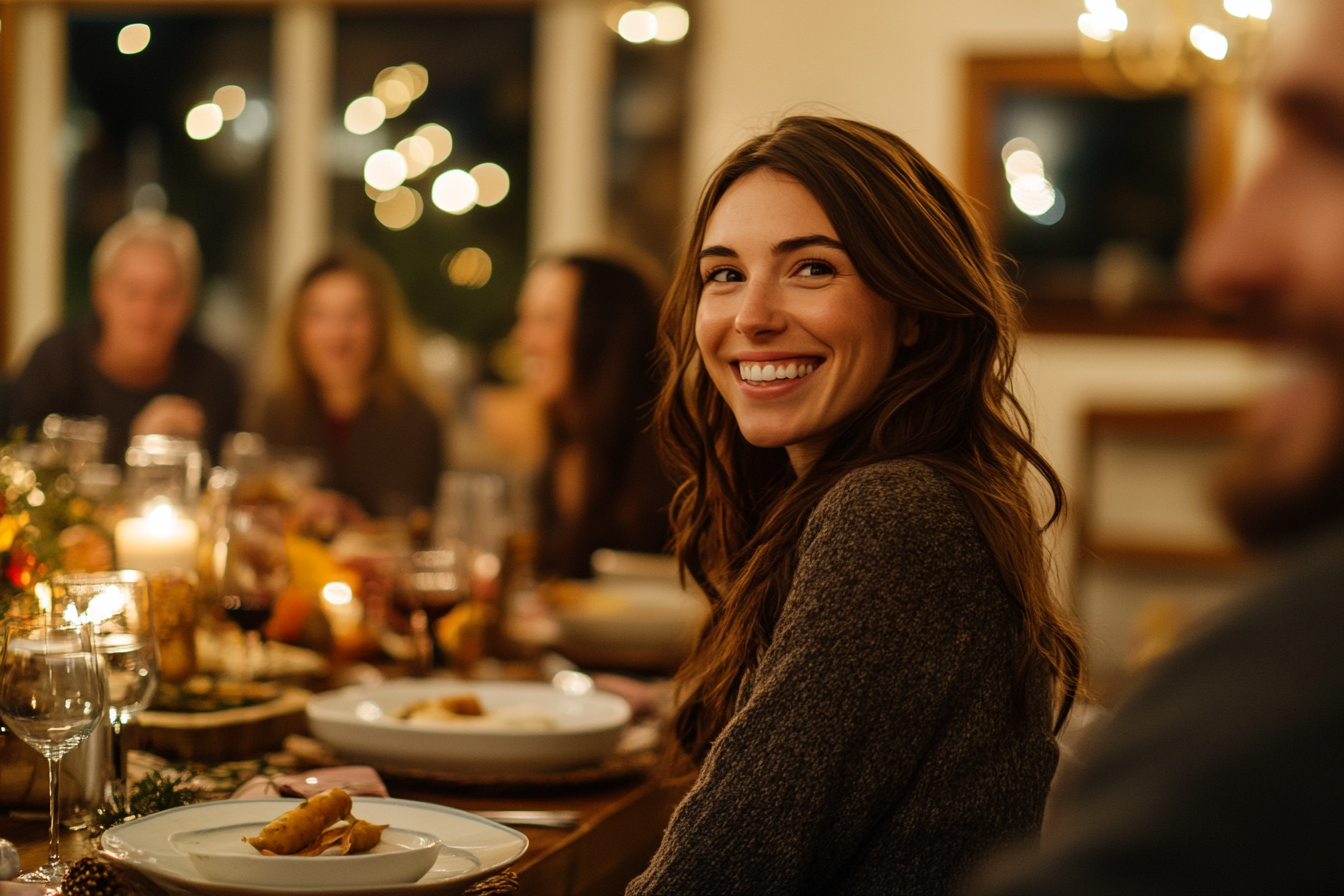 A woman looking happy at dining table | Source: Midjourney