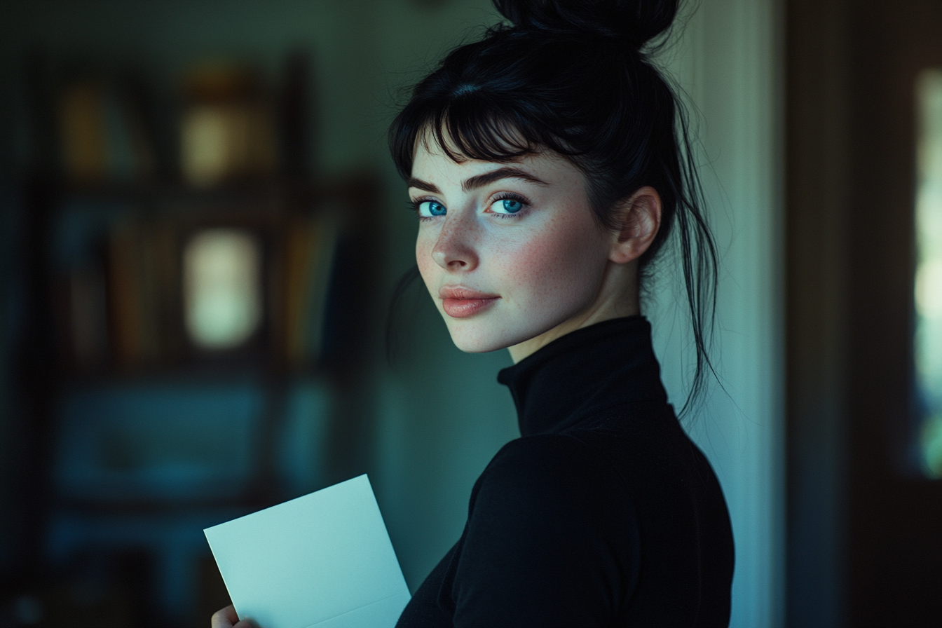 Woman smiling while holding an envelope in a study | Source: Midjourney