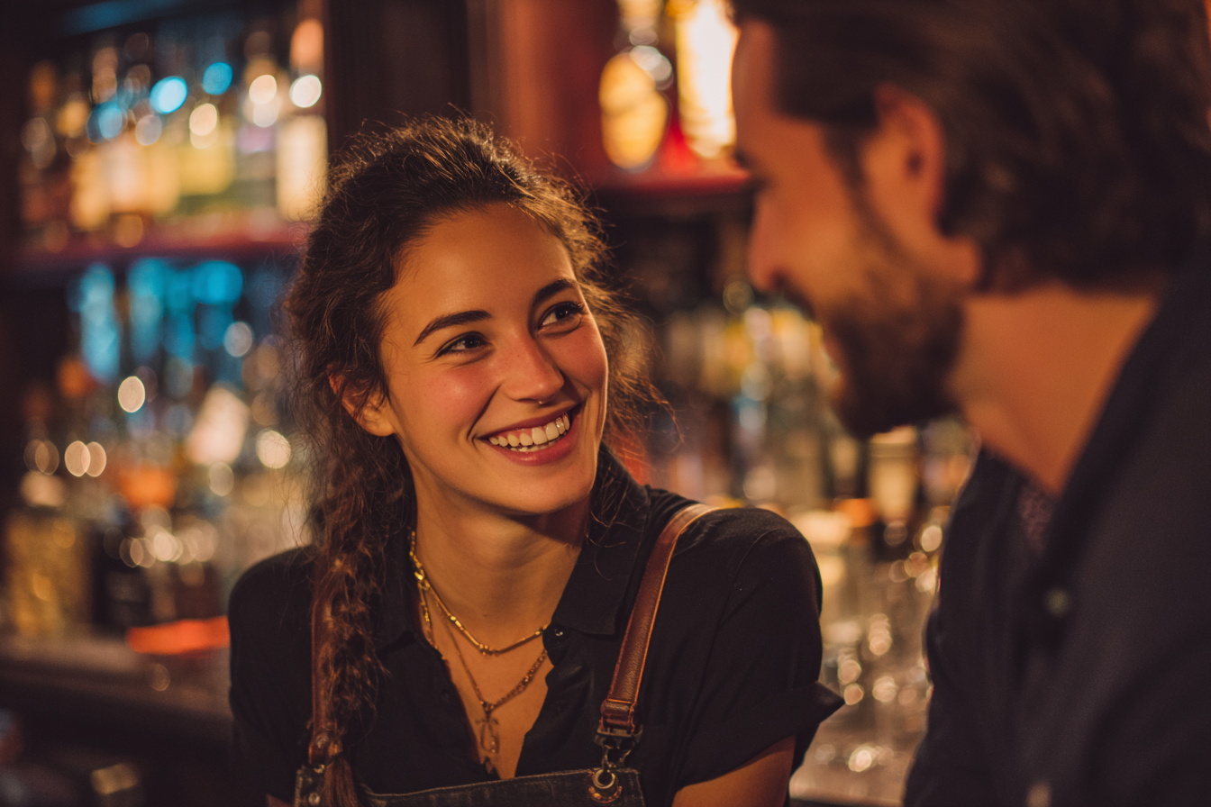 A waitress laughing with a customer in a bar | Source: Midjourney