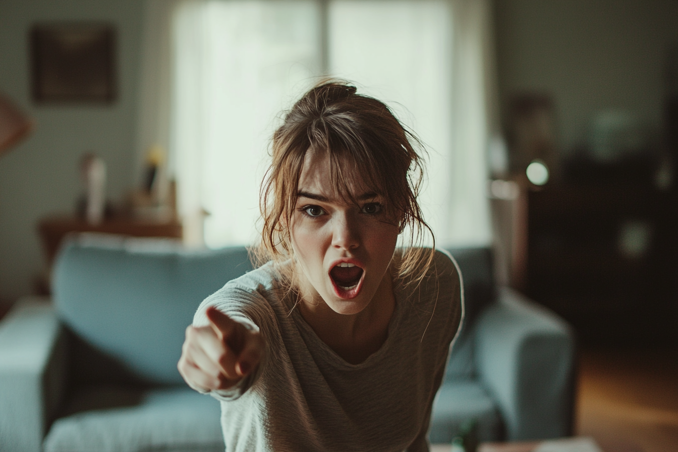 A woman pointing while yelling at someone | Source: Midjourney