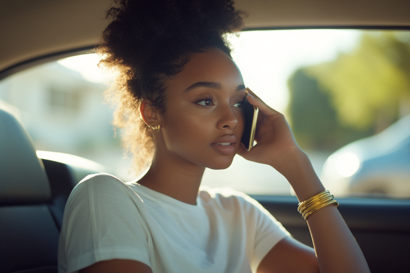 A woman speaking on the phone while seated in a car | Source: Midjourney