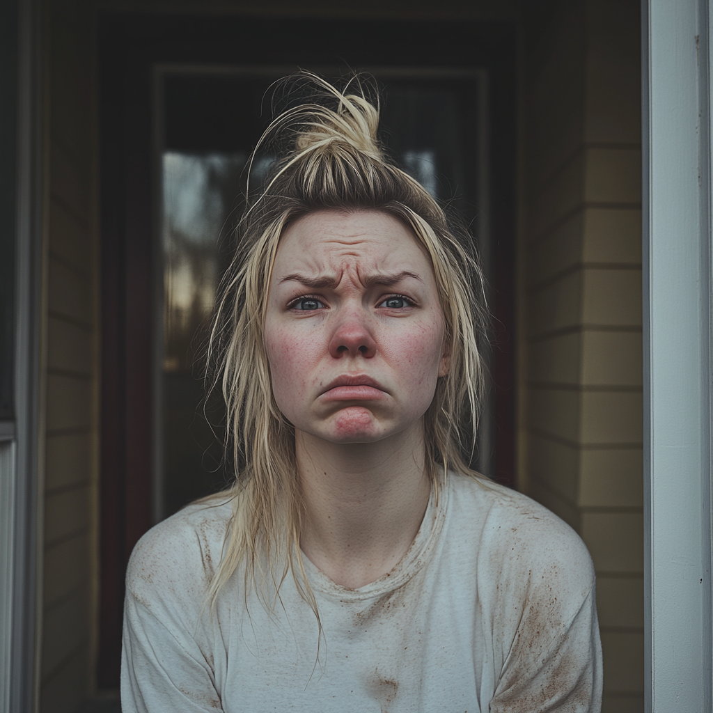 A blonde-haired woman looking desperate and sad while standing outside a house | Source: Midjourney