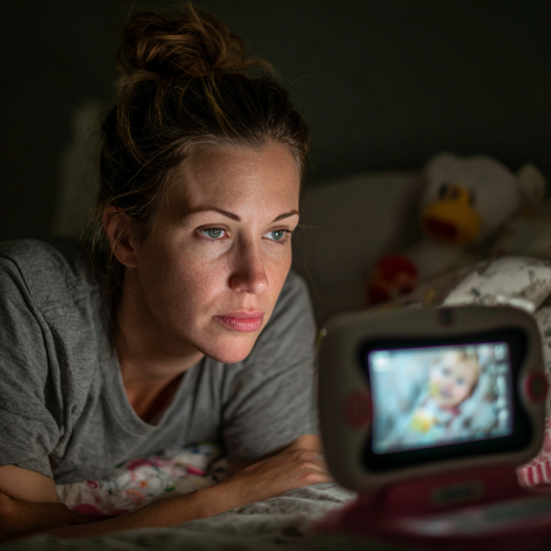 A mother staring at her baby monitor as she thinks | Source: Midjourney