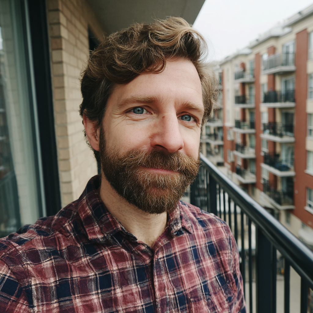 A smiling man standing on a balcony | Source: Midjourney