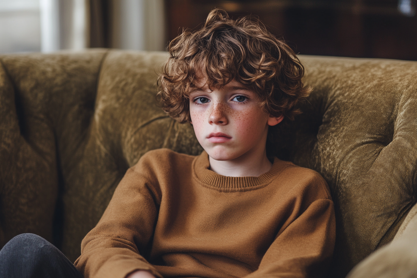 A worried boy sitting on a sofa | Source: Midjourney