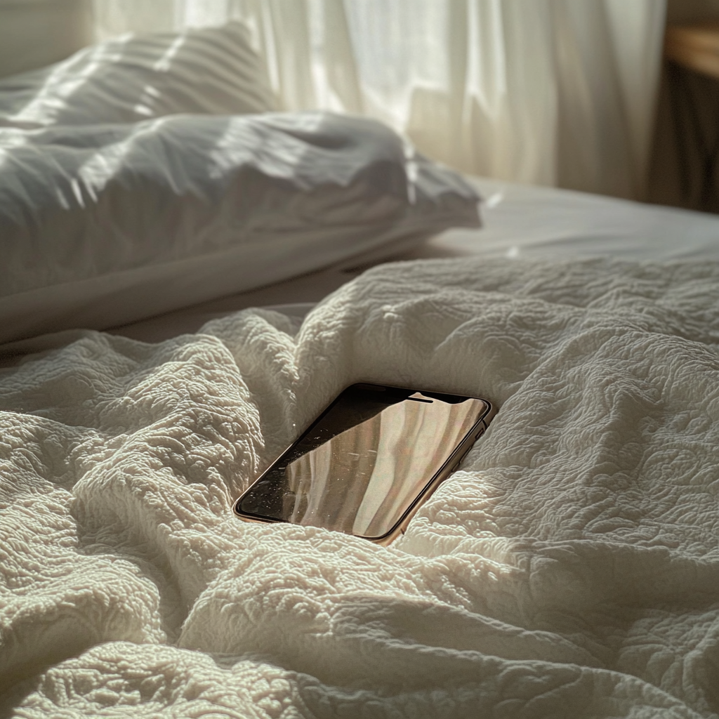 A cellphone on a bed | Source: Midjourney