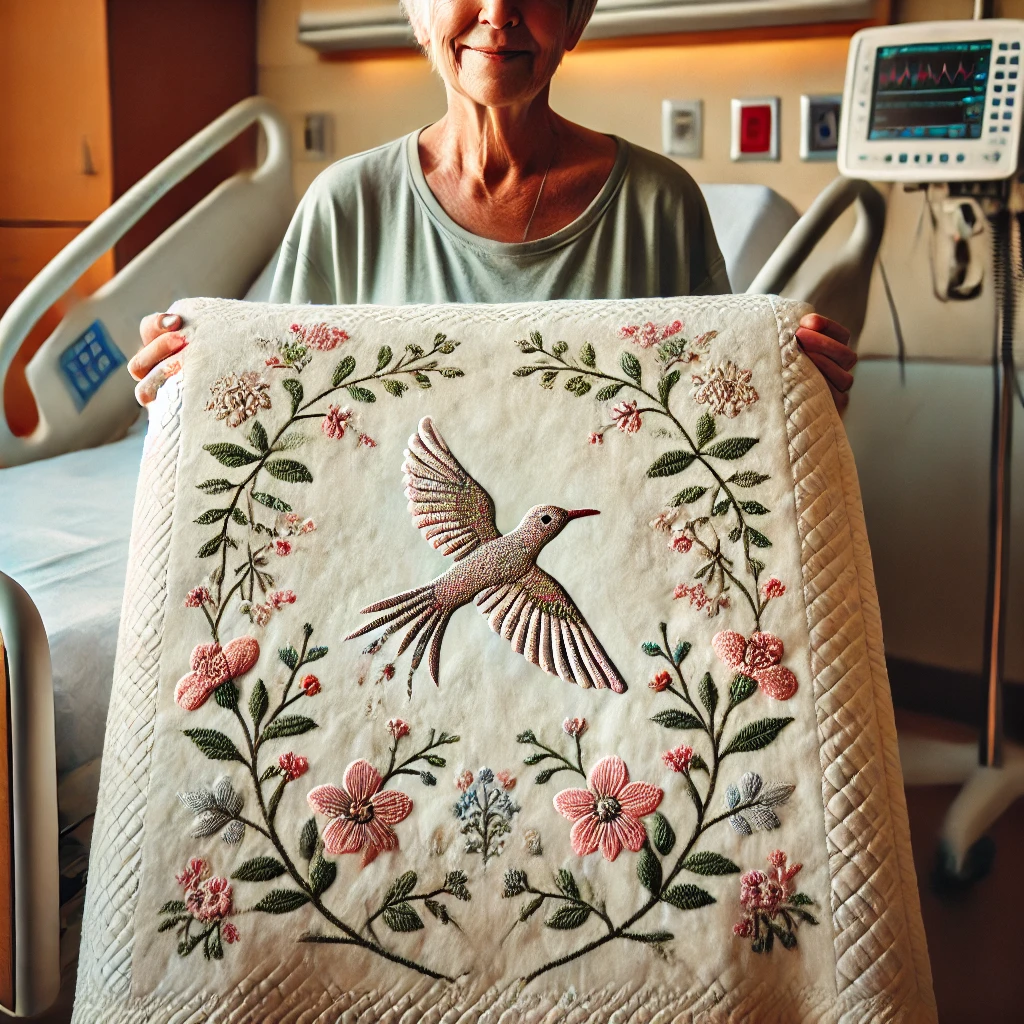 A woman holding up an embroidered blanket | Source: DALL-E