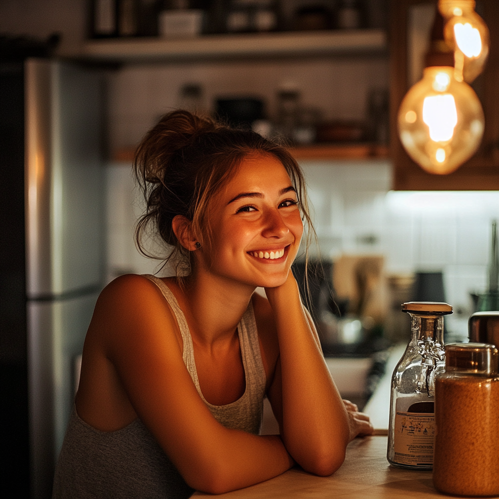 A laughing woman in her kitchen | Source: Midjourney