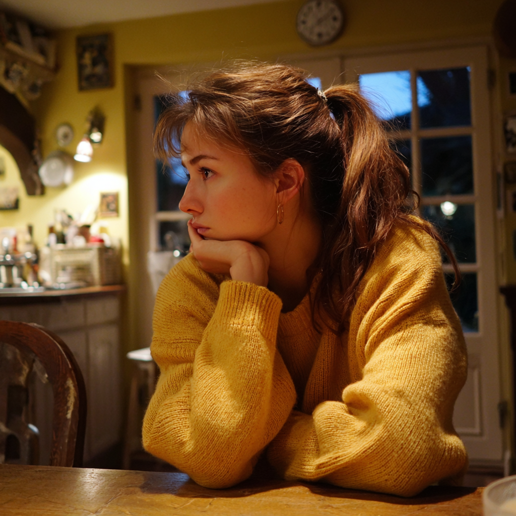 A pensive young woman sitting at a dinner table | Source: Midjourney