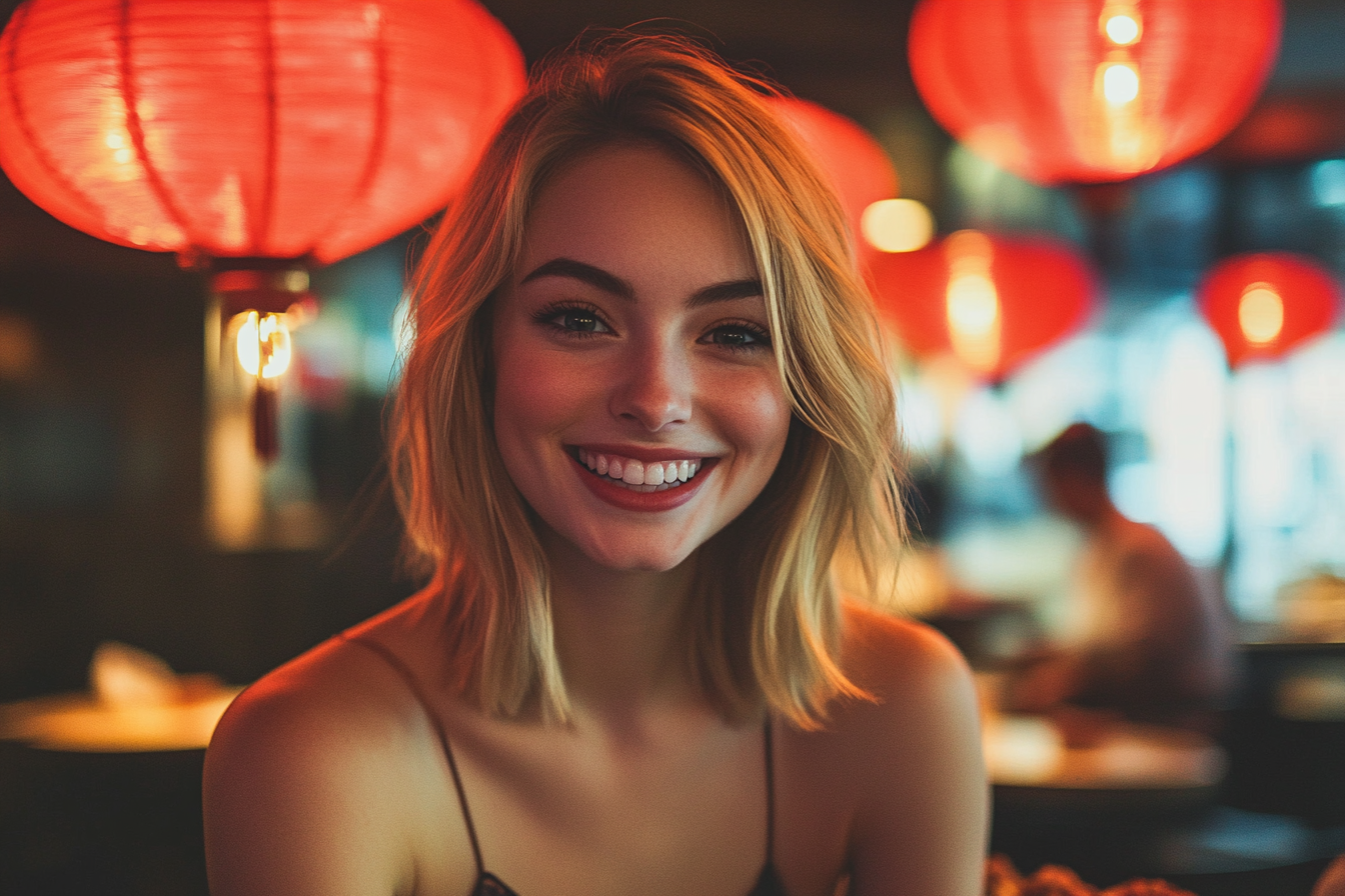 A woman smiling at Chinese restaurant | Source: Midjourney