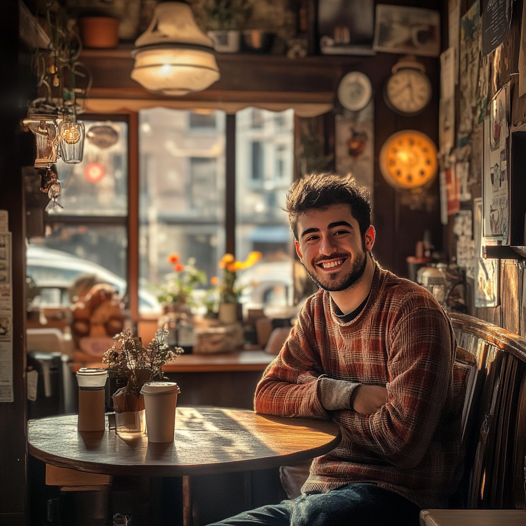 Young man smiling in his cozy coffee shop | Source: Midjourney