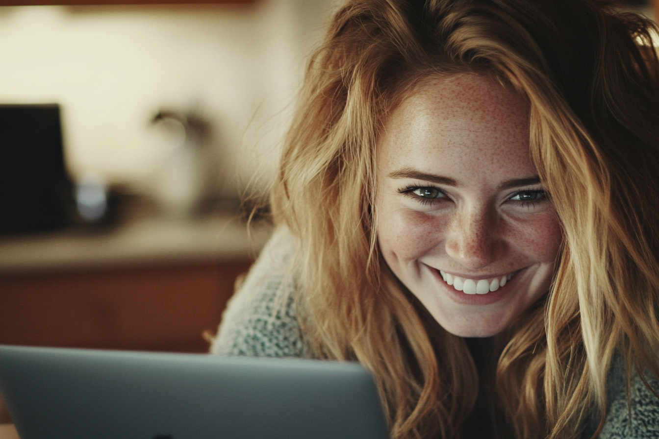 A woman smirking while using her laptop | Source: Midjourney