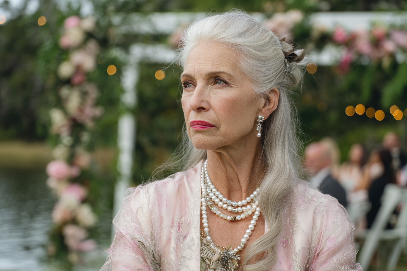 Starsza kobieta stojąca na ślubie w plenerze | Źródło: Midjourney