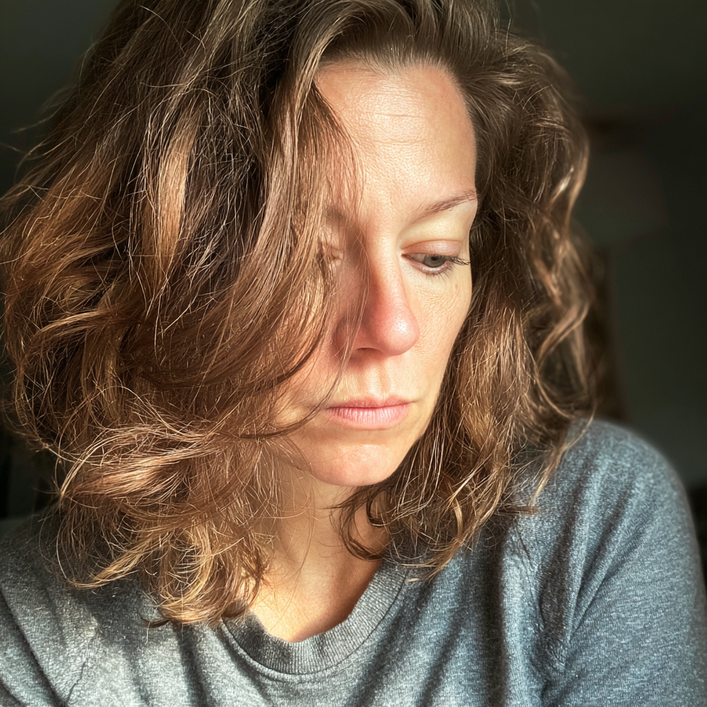 A tired mom wearing a gray sweater | Source: Midjourney