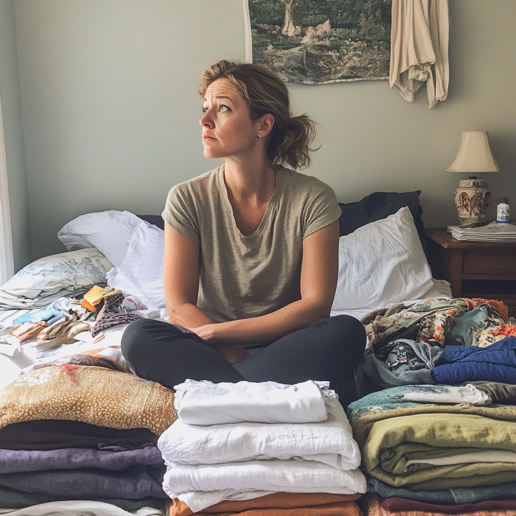 A woman sitting on her bed | Source: Midjourney