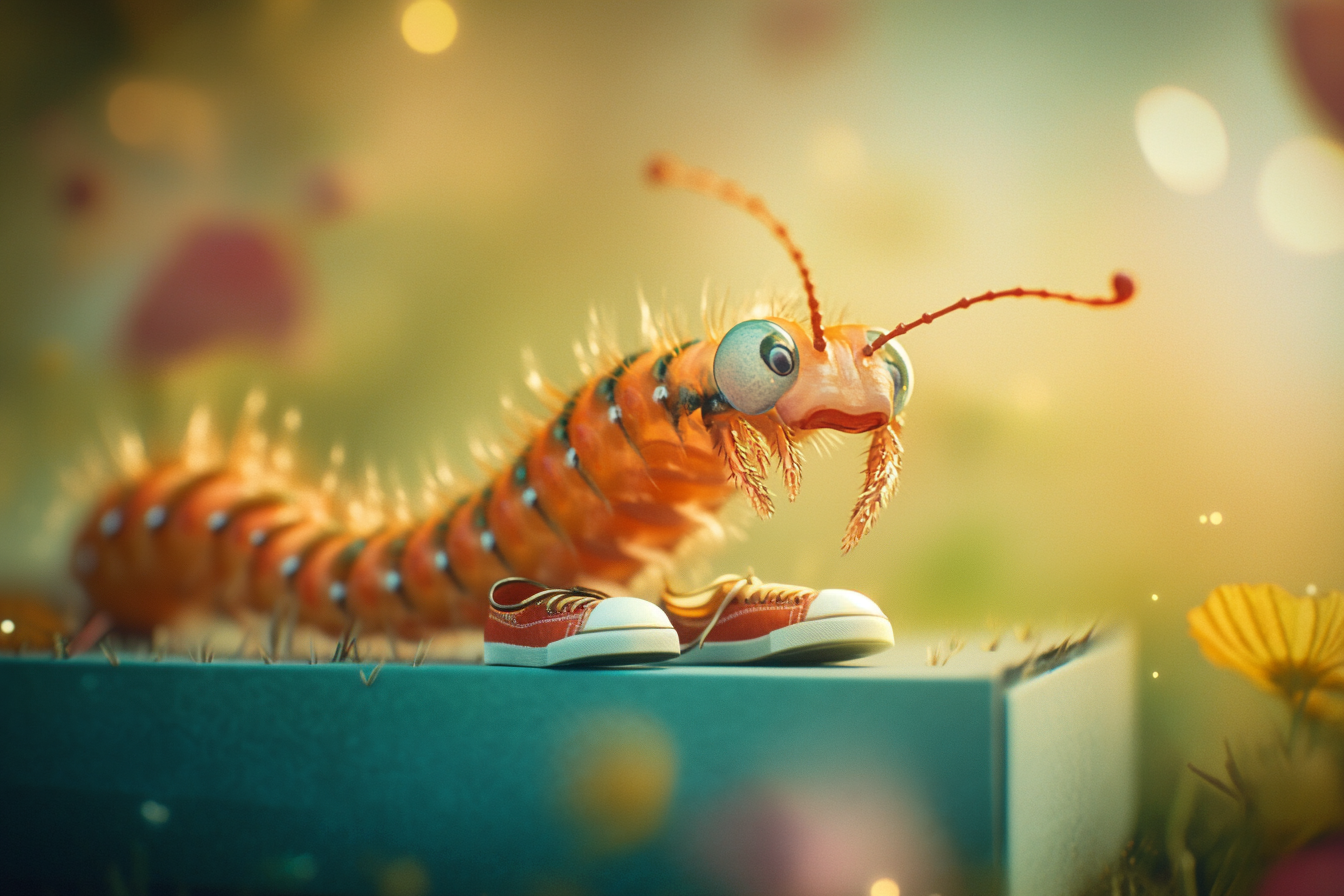 A fairytale version of a centipede talking and putting on shoes inside a box | Source: Midjourney