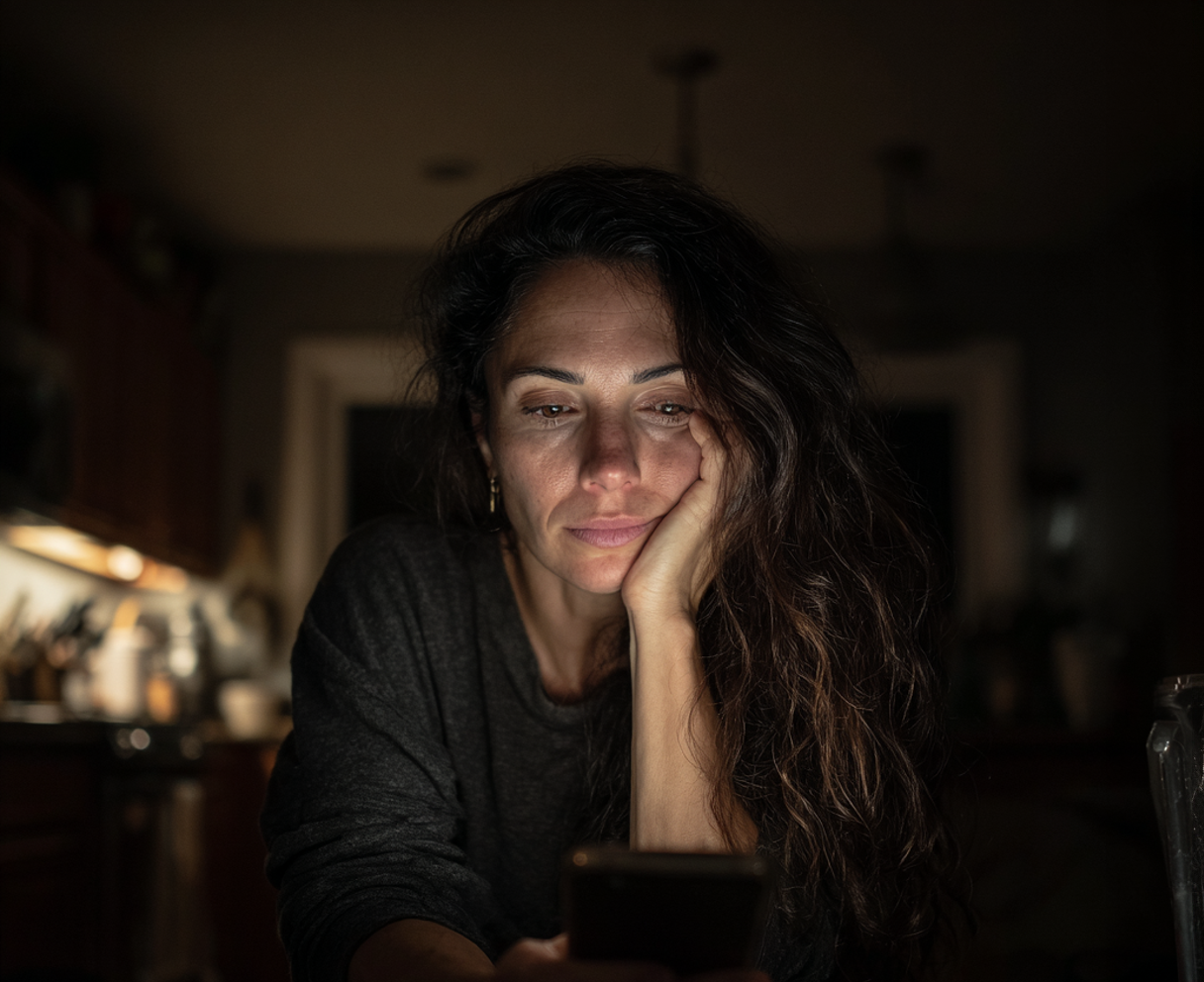 A woman sitting at a kitchen table with her phone | Source: Midjourney