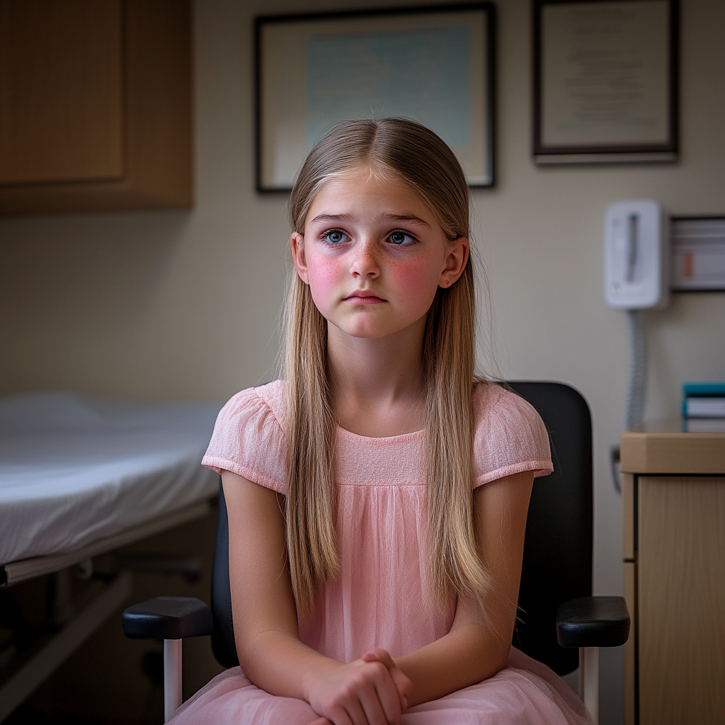 A 13-year-old girl sitting in a doctor's clinic | Source: Midjourney