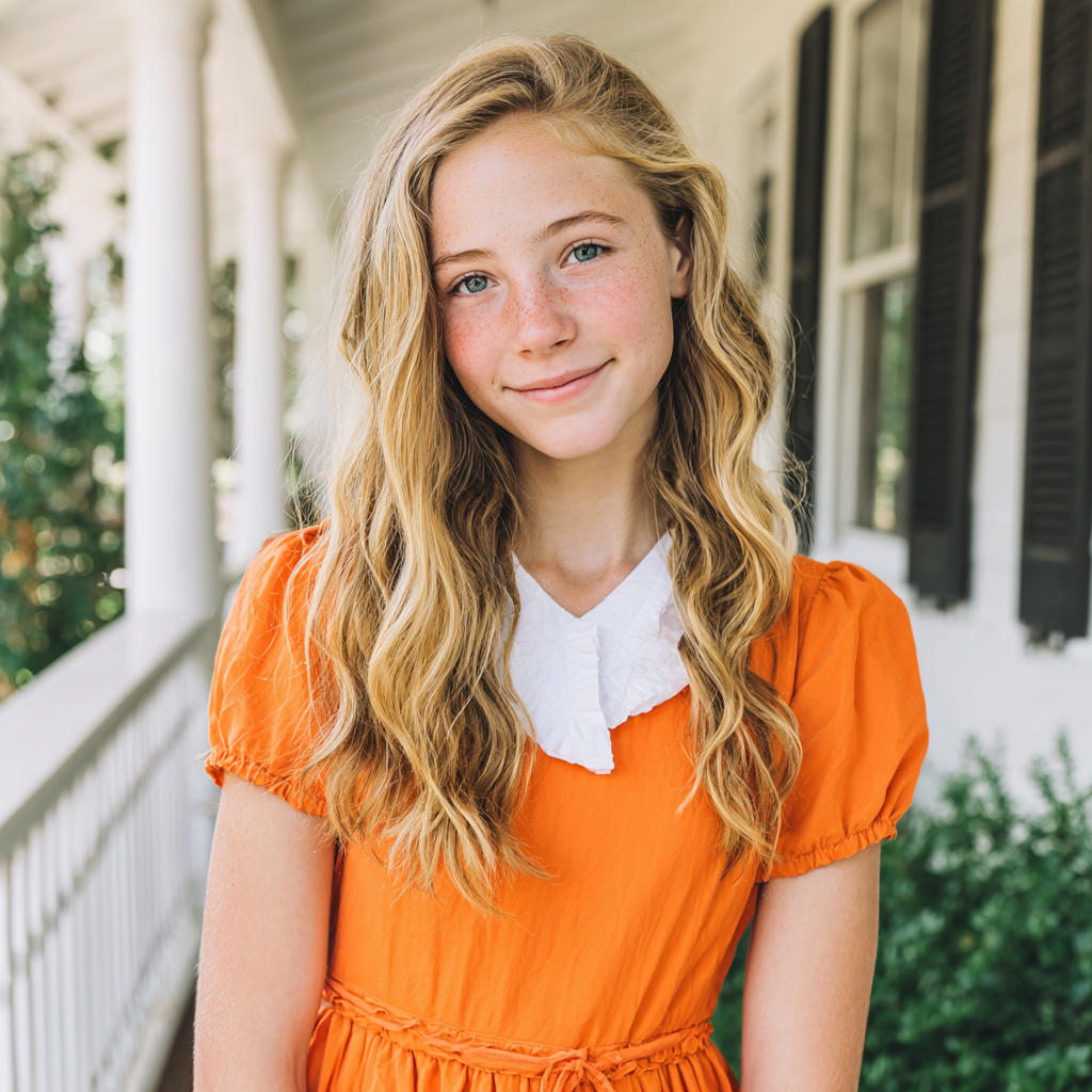 A smiling teenage girl standing on a porch | Source: Midjourney