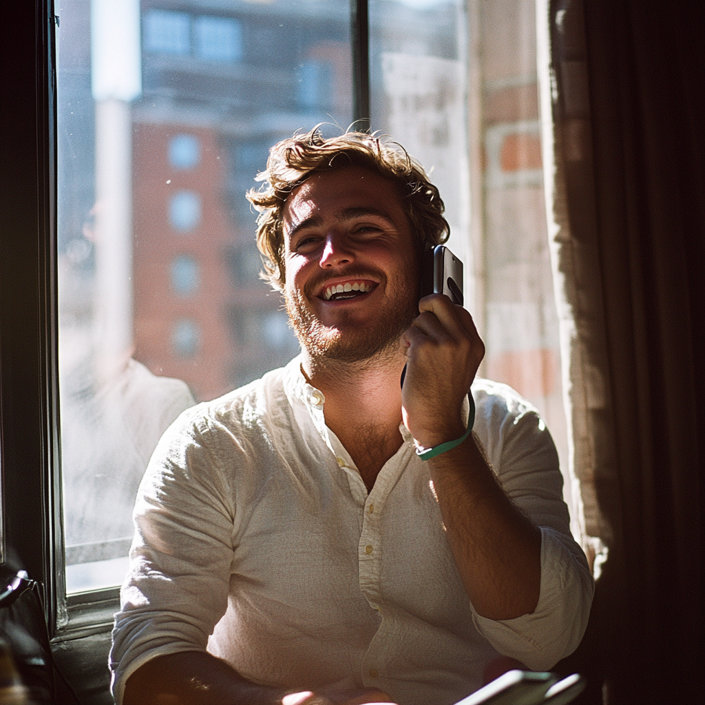 A man laughing while on a call | Source: Midjourney