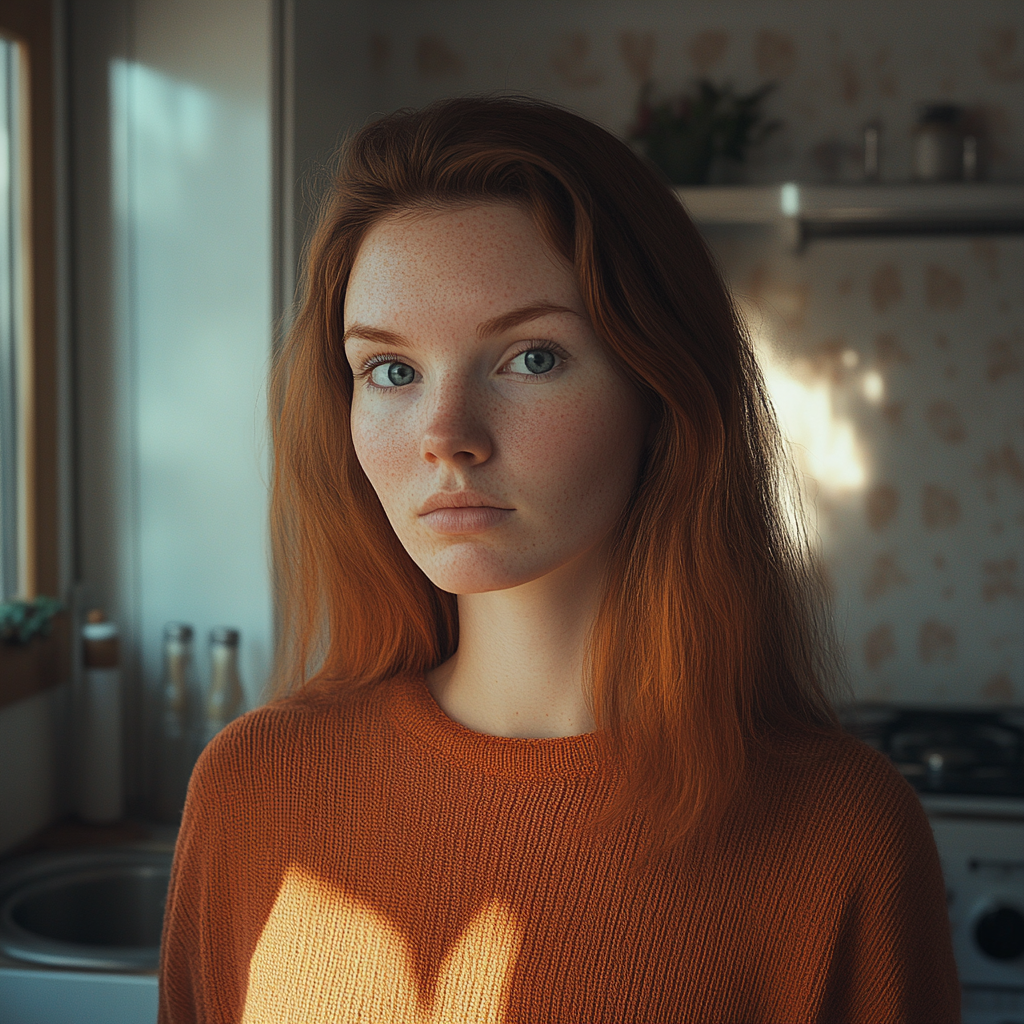 A confused woman standing in a kitchen | Source: Midjourney