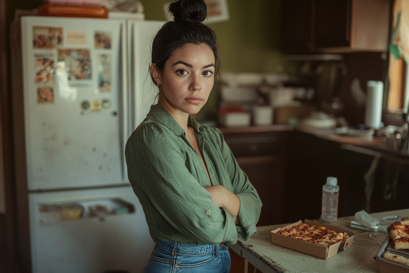 A woman with arms crossed standing in a kitchen | Source: Midjourney