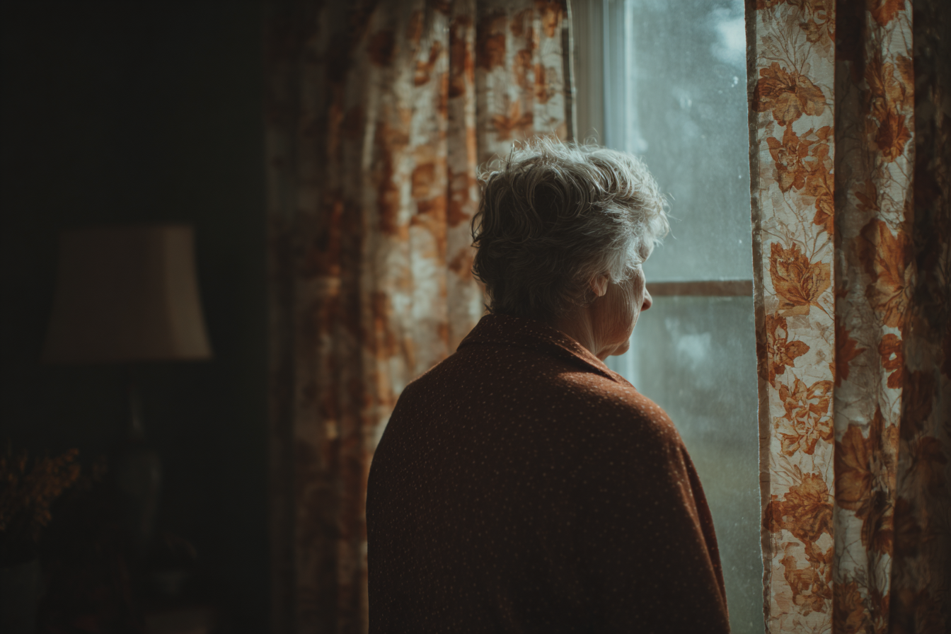 An older woman looking outside a window | Source: Midjourney