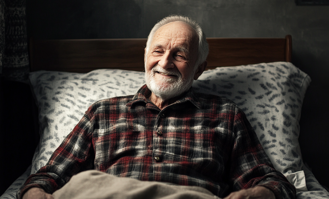 Un vieil homme souriant dans un lit | Source : Midjourney