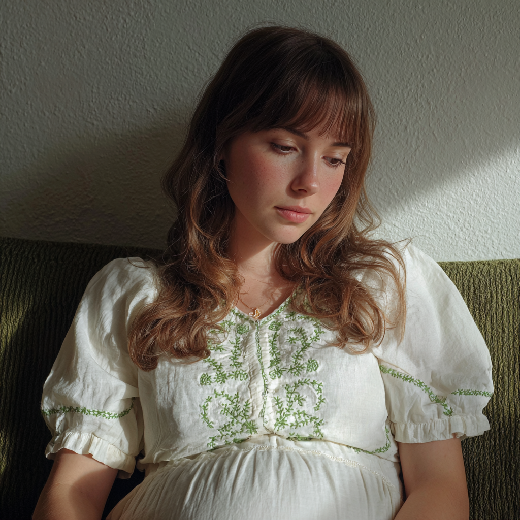 An upset pregnant woman wearing a white dress | Source: Midjourney