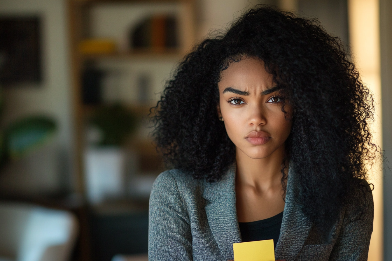 A furious woman holding a post-it note | Source: Midjourney