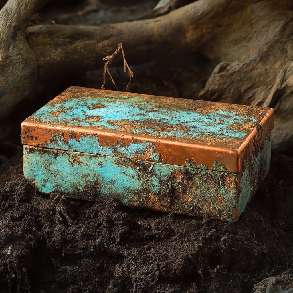 An old copper box dug out from the soil | Source: Midjourney