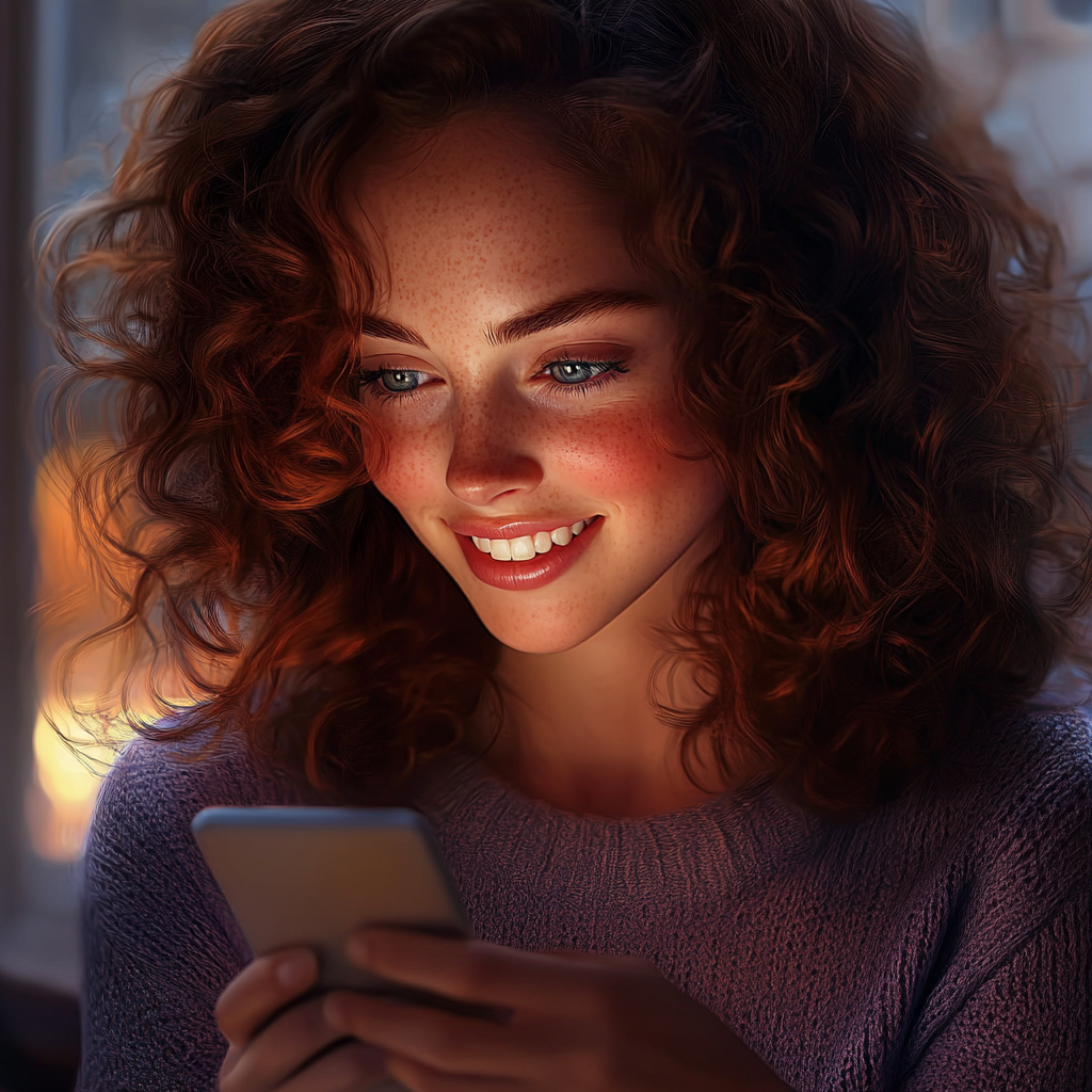 A woman looking at her phone and smiling | Source: Midjourney