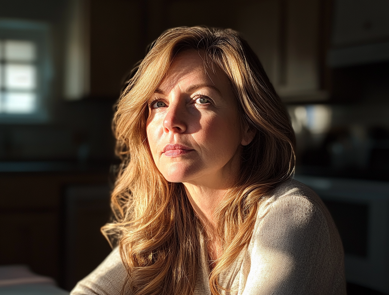 A woman sitting at a kitchen table | Source: Midjourney