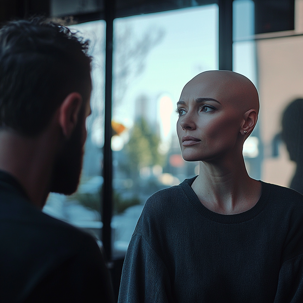 Bald woman talking to her fiancé | Source: Midjourney