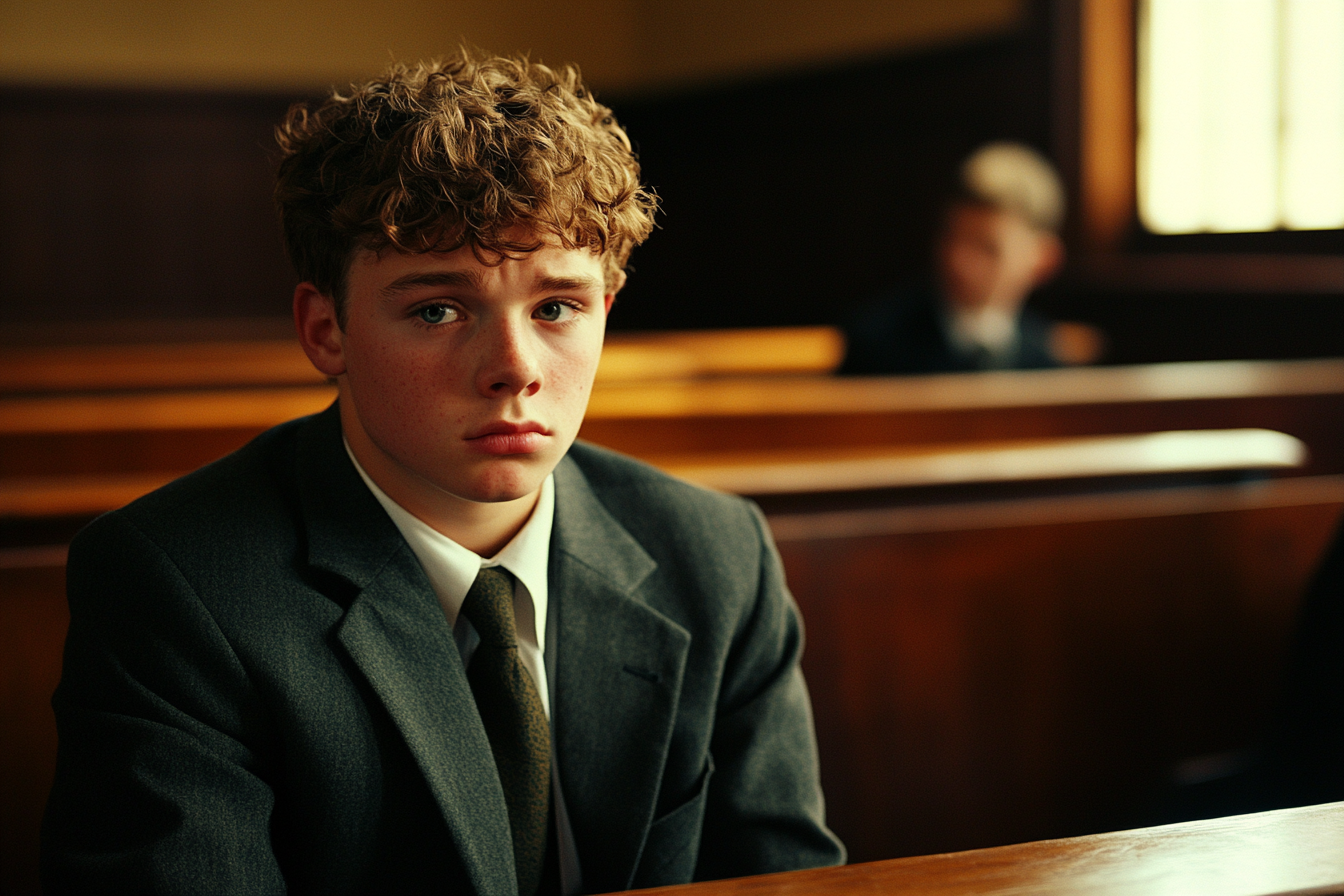 A worried young man in a courtroom | Source: Midjourney