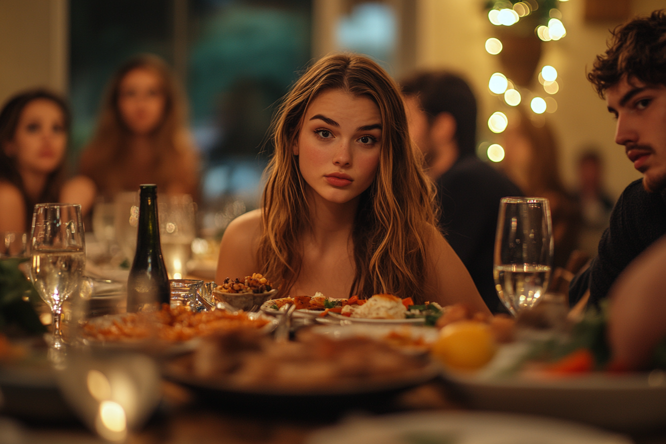 Woman with a slightly shocked expression at a dinner table | Source: Midjourney