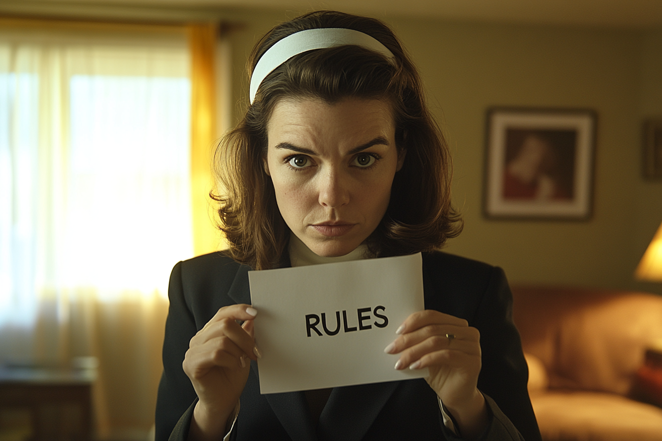 A woman in her 30s is holding a folded paper that reads "Rules" | Source: Midjourney